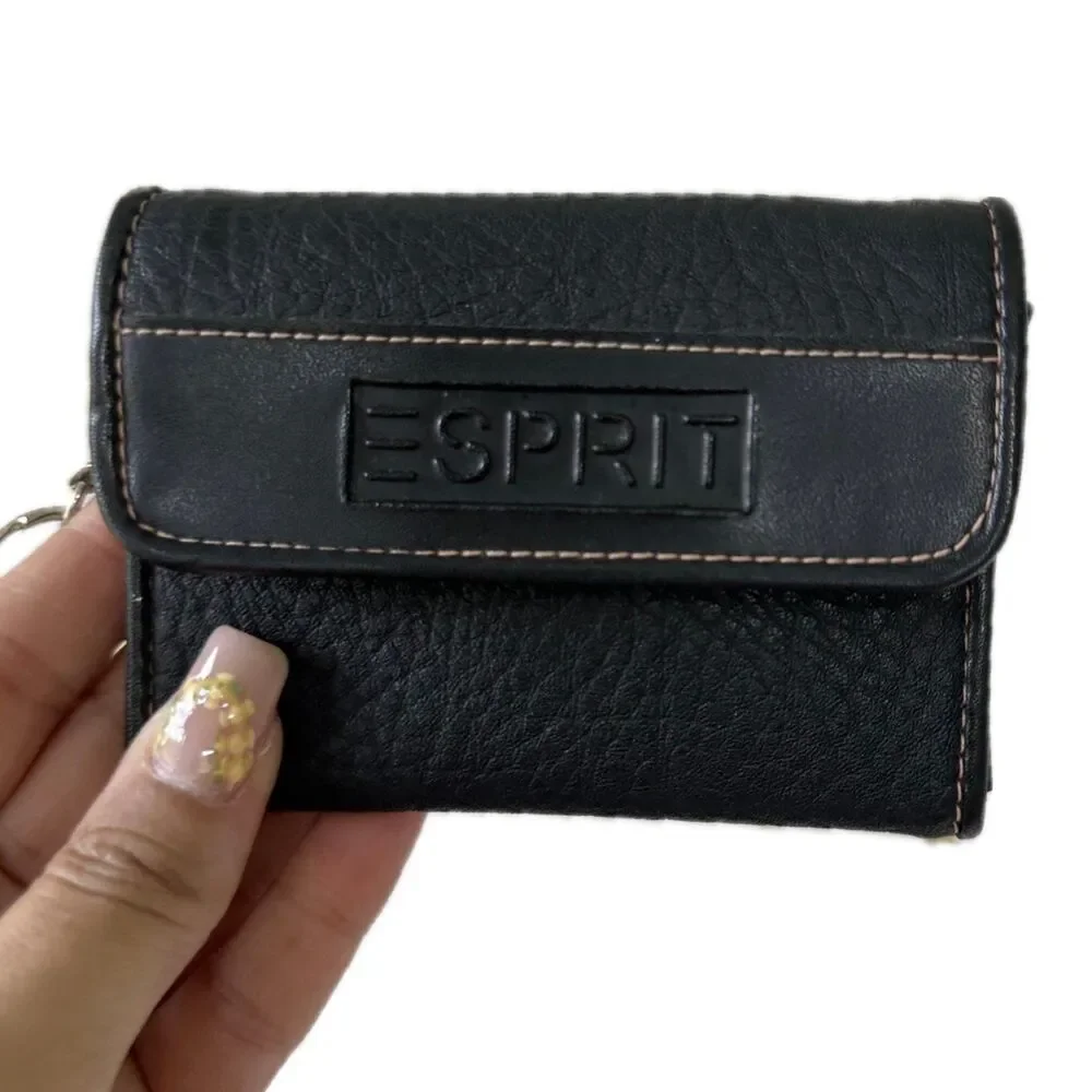 Vintage Esprit Black Faux Textured Leather Mini Zipper ID Pocket Wallet Key Ring
